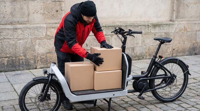 Cargo E-Bike Delivery cargo e bike delivery rider stacking boxes