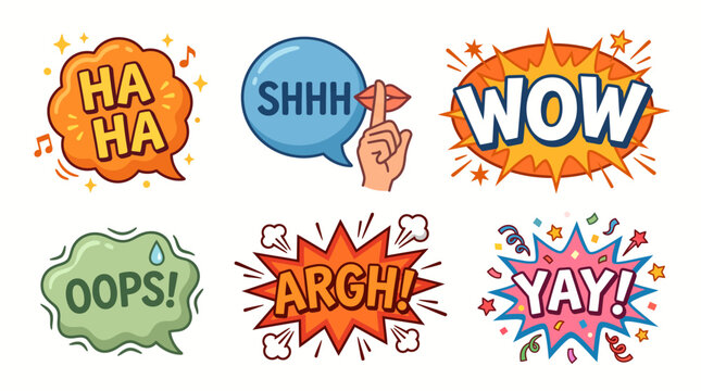 Set of colorful comic book style speech bubbles with funny expressions.