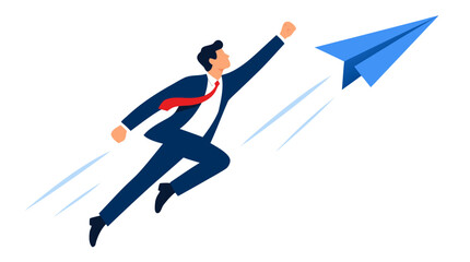 Fototapeta premium Businessman in navy suit soaring upward alongside blue paper airplane, flat vector illustration with motion lines, bold solid colors on clean white background, success and ambition concept