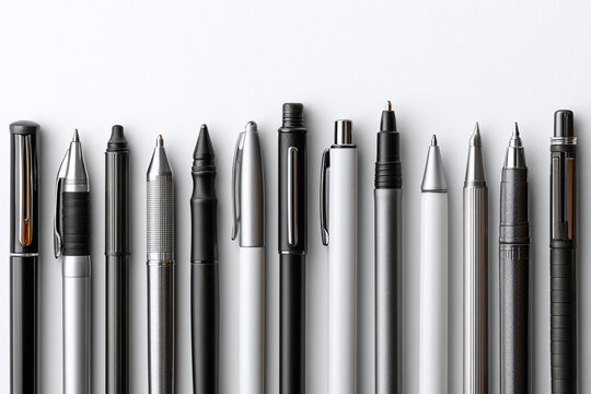 Row of modern black white and silver writing pens aligned on plain background
