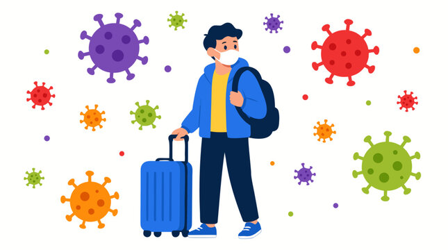 Traveler with luggage and backpack wearing face mask surrounded by floating colorful pathogen particles, bold flat vector illustration on white background