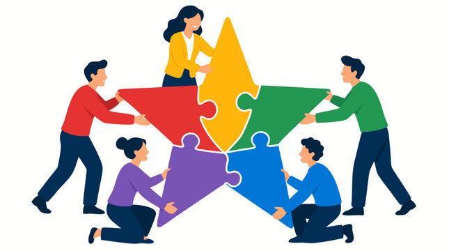 Diverse business team assembling colorful jigsaw puzzle pieces into a star, bold flat colors, vector illustration on clean white background showing teamwork, collaboration, unity, and corporate