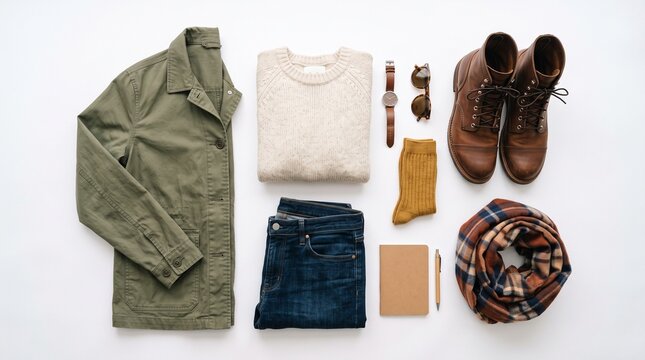 Flat lay of men's autumn fashion outfit including jacket sweater jeans boots scarf watch sunglasses and notebook