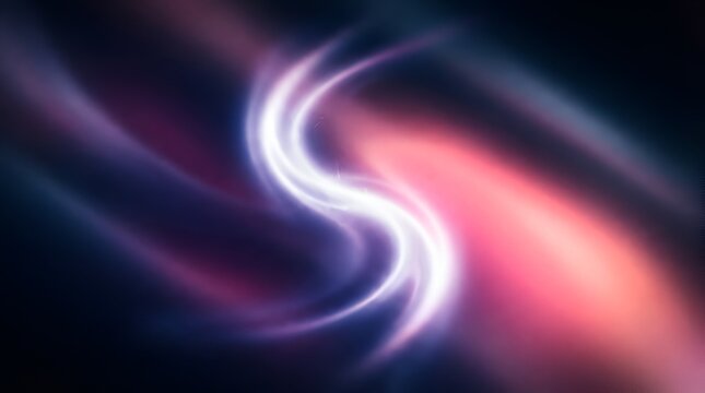 Abstract swirling light effect with an s-shaped curve in bright white, surrounded by soft purple and red gradients on a dark background