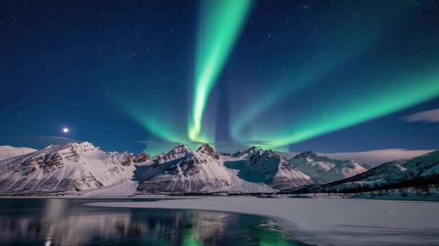 Stunning northern lights over snowy mountains reflecting on icy water under starry night sky