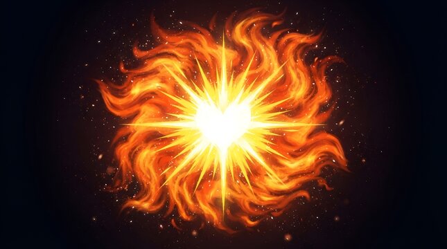 Bright glowing star shape surrounded by swirling orange fire flames and floating embers on a dark background, with a sense, of intense heat