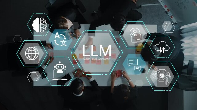 Diverse business meeting focused on large language models featuring technology icons and collaborative workspace with people brainstorming ideas effectively Gluon.