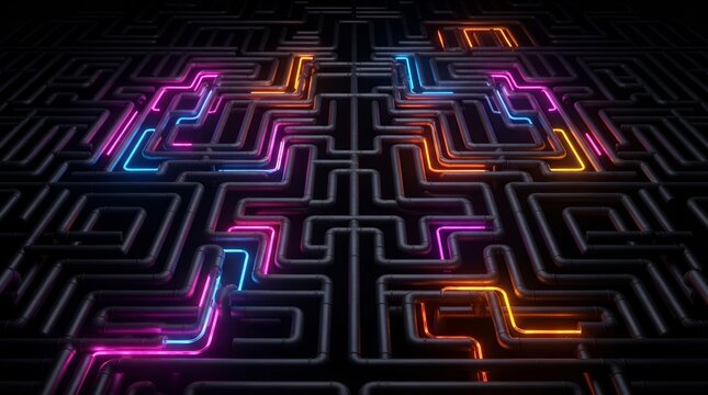 Complex dark maze structure with glowing neon purple and orange light paths running through the corridors on a dark, mysterious background