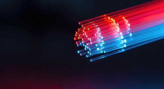Glowing red and blue optical fiber cable strands representing fast internet connectivity, digital data transfer, and network technology, red, server, telecommunication