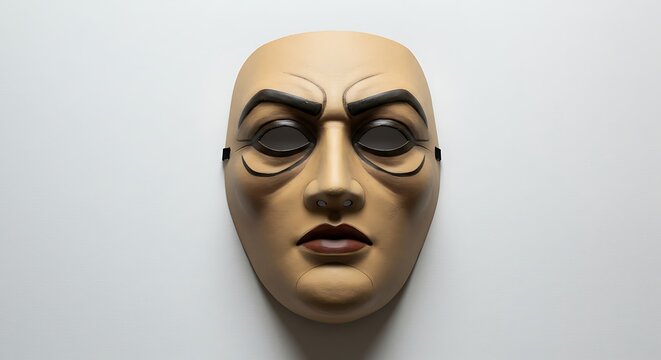 Artistic Human Face Mask with Neutral Expression and Dark Eyebrows on White Background