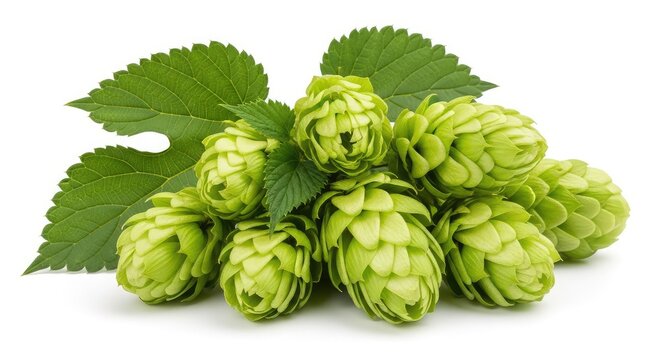 High-quality image of fresh green hop cones and textured leaves elegantly arranged and isolated on a clean, solid white background setup, hop, closeup, ale