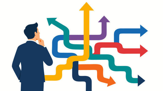 Businessman contemplating colorful maze of tangled arrows pointing in different directions, decision making concept, bold flat vector illustration of career choices, strategy and confusion