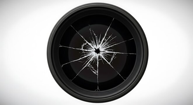Broken Camera Lens with Cracks on Glass Circular Object in White Background