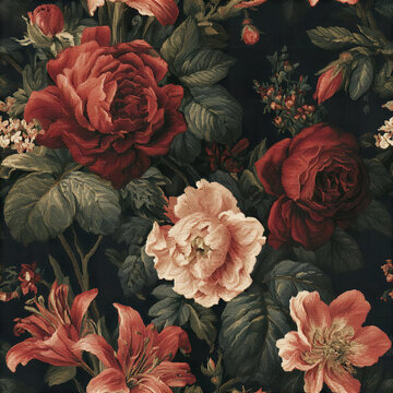 Vintage floral pattern with large red and pink roses and green leaves on dark background, evoking classic elegance and warmth