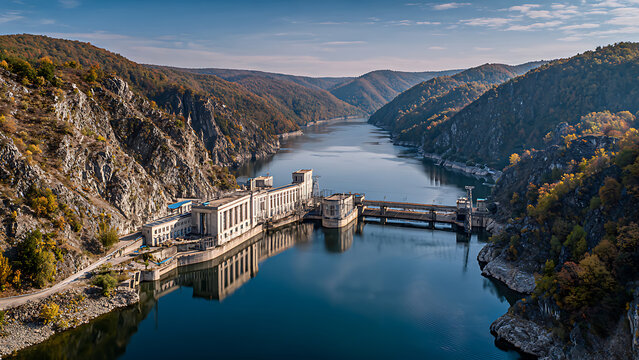 Majestic Hydroelectric Dam Amidst Autumnal Mountain Landscape.