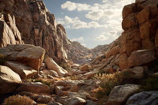 Sunlit Desert Canyon with Rugged Rock Formations and Sparse Vegetation.