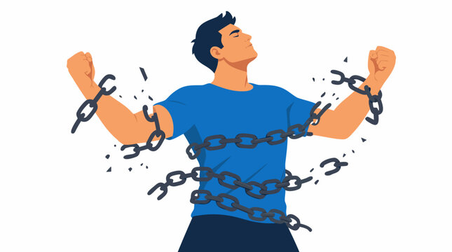 Vector illustration of a man breaking free from heavy chains wrapped around his body, symbolizing liberation, freedom, hope, strength, and personal empowerment on white background