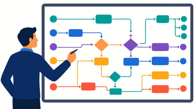 Business manager analyzing colorful complex flowchart with algorithm nodes and data streams on whiteboard in flat vector illustration style