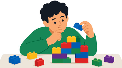 Naklejka premium Thoughtful young man thoughtfully playing with colorful toy building blocks on table, solving creative puzzle with stacked bricks, flat bold vector illustration for education and childhood concepts