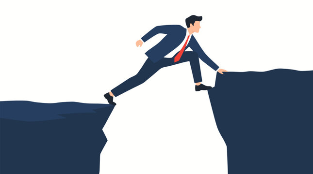 Businessman in navy suit leaping across chasm gap between two cliffs reaching opposite ledge risking career breakthrough challenge flat vector illustration