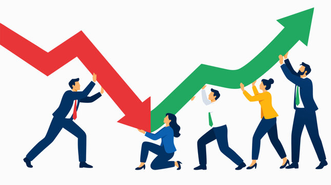 Business leaders teamwork turning downward red arrow into upward green arrow, representing crisis management, problem solving, recovery, growth strategy, and overcoming challenges for success