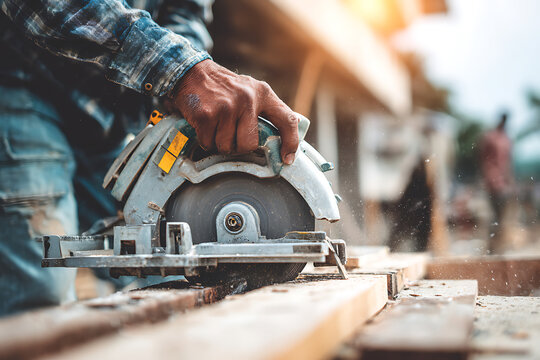 Close-up of a carpenter using a circular saw to cut wood on a construction site.