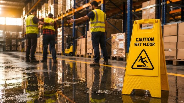 Yellow caution wet floor sign in warehouse with workers assisting an injured colleague after a slip and fall accident.