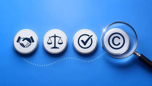 Magnifying glass focusing on a copyright symbol alongside legal agreement and justice icons representing intellectual property law investigation.