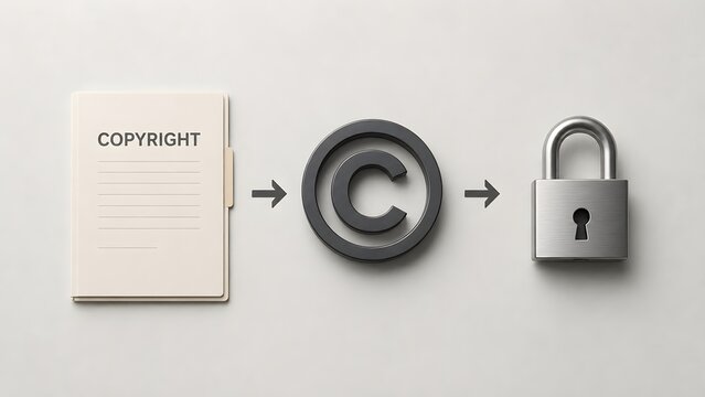 Copyright document folder connected to copyright symbol and metal padlock representing intellectual property protection and digital rights management.