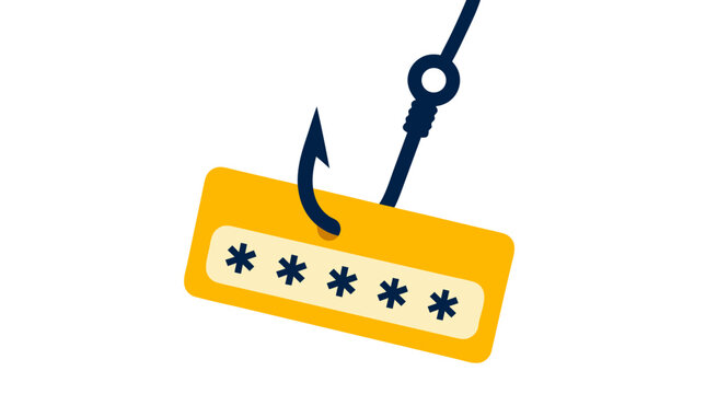 Phishing Hook Lifting Password Login Box with Asterisk Characters, Bold Flat Yellow and Navy Blue Vector Illustration on White Background, Cybersecurity Theft Concept