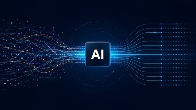 Artificial intelligence microchip processor transforming chaotic digital data streams into organized fast networks.