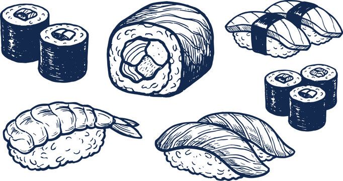 Set of hand-drawn sushi and maki rolls illustrations with japanese illustration handdrawn collection restaurant isolated background culinary traditional appetizer gastronomy