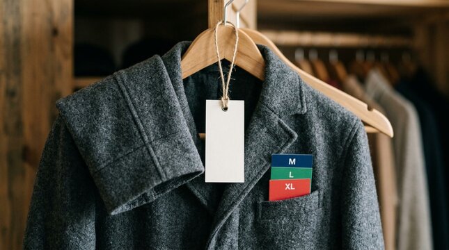 Close-up of gray wool winter coat sleeve hanging on wooden hanger with blank white tag and colorful size cards tucked into chest pocket, blurred clothing rack background