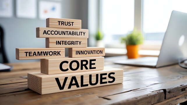 Wooden blocks showing core values including trust integrity teamwork and innovation on professional office desk