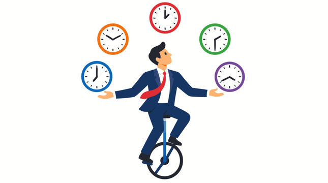 Businessman in suit balancing on unicycle while juggling five colorful clocks, flat vector illustration concept of time management and multitasking in office workplace challenges