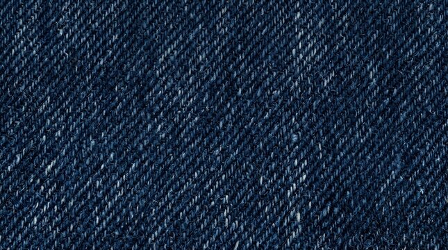 Detailed close up texture of dark blue denim fabric showing the classic diagonal weave pattern and rugged structure of jeans