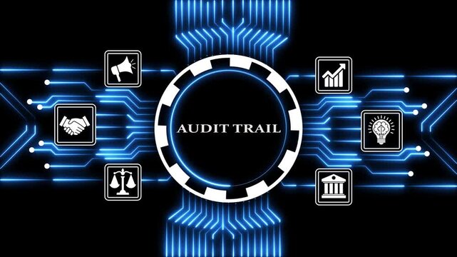 Dynamic audit trail concept with business icons and digital circuit background motion.