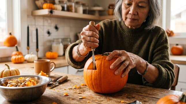 Elderly woman carving a pumpkin on a wooden table in a home kitchen. Senior lady preparing a jack o lantern for Halloween decoration. Holiday craft, seasonal tradition, autumn activity