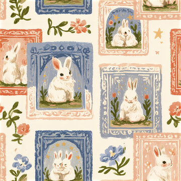 Seamless whimsical nursery pattern with multicolored block frames featuring cute white rabbits and floral elements soft pastel