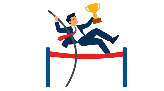 Businessman pole vaulting over a finish line with golden trophy in hand, flat bold vector illustration on solid white background, achievement concept