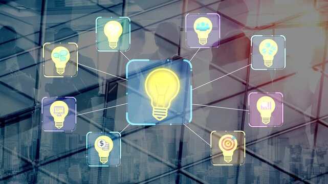 Bright Light Bulb Surrounded by Various Icons Representing Ideas, Innovation, and Technology Against a Modern Urban Background in a Professional Setting. Entropy.