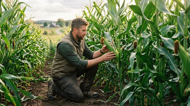 Male agronomist kneeling in lush green cornfield examining ear of corn in husk under warm sunlight during harvest inspection