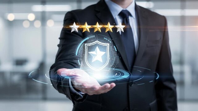 Businessman holding holographic star rating and security shield symbol for quality and trust