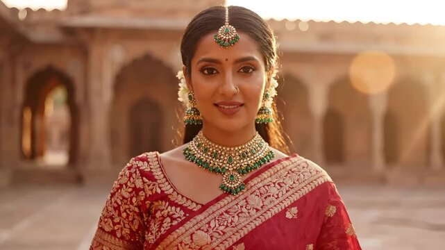 Elegant Indian Woman in Traditional Red Saree and Jewelry Outdoors.