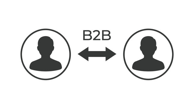B2b business connection icon showing two human silhouettes inside circular frames connected by a double sided arrow on a clean white background for corporate communication design