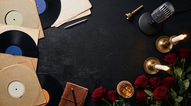 Vintage jazz evening scene with vinyl records, microphone, roses, and whiskey glass on a dark wooden table. concept of classic music, nostalgia, elegant atmosphere, copy space, background