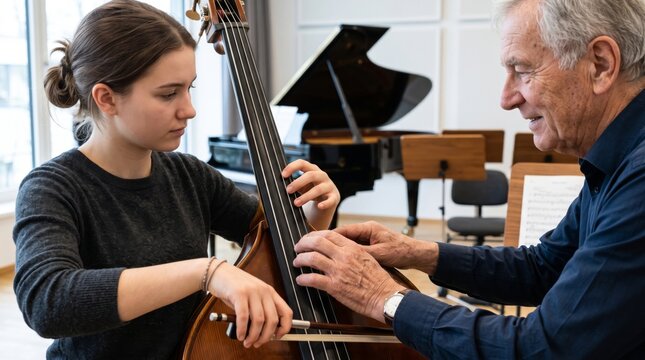 Elderly music teacher instructing young girl on playing jazz upright bass in music classroom or practice studio. concept of music education, jazz instrument instruction