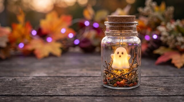 Small glowing ghost lamp inside a glass jar on a wooden table. Halloween decoration with autumn leaves in the background. Festive centerpiece for holiday home atmosphere and seasonal design
