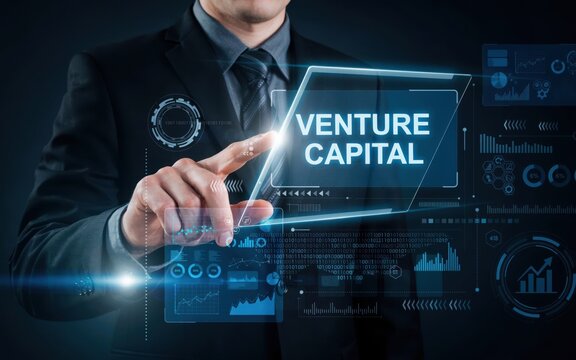 Businessman touching a digital screen with venture capital text