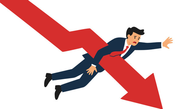 Businessman falling down large red downward arrow symbolizing financial failure, economic decline, stock market crash, and business setbacks in flat design vector illustration on white background
